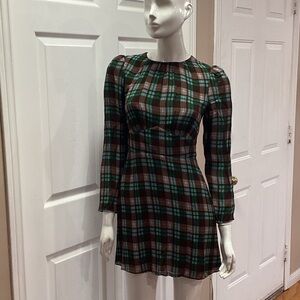 Reformation Laken Mini Dress Green and Brown Plaid Long Sleeve